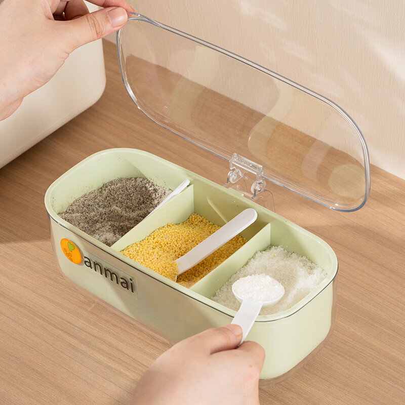 Anbuy three-compartment seasoning jar set comes with 3 spoons Home kitchen seasoning box seasoning MSG salt jar S1225 green