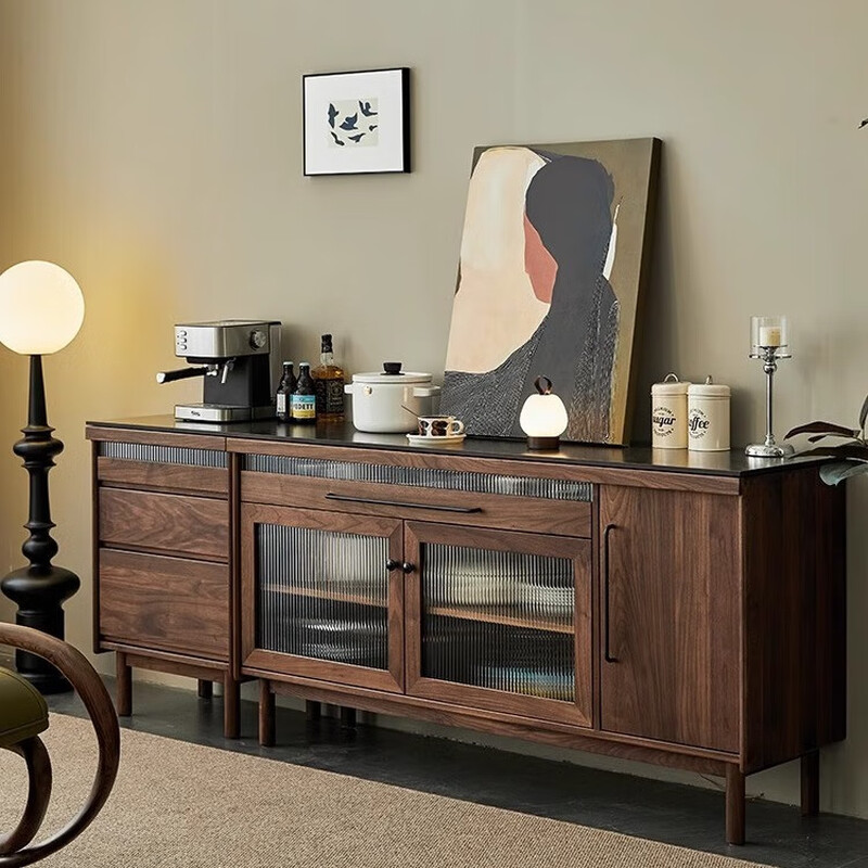 Exclusive Senhuo North American black walnut sideboard solid wood one-piece wall wine cabinet tea cabinet storage high cabinet cabinet countertop rock plate 2.1 meter black walnut combination cabinet