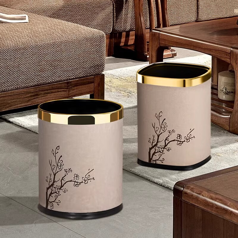 Meiwobao living room trash can household new Chinese style light luxury high-end bedroom kitchen double barrel large diameter large capacity storage barrel without cover Suihan plum blossom-round-gold circle 10L