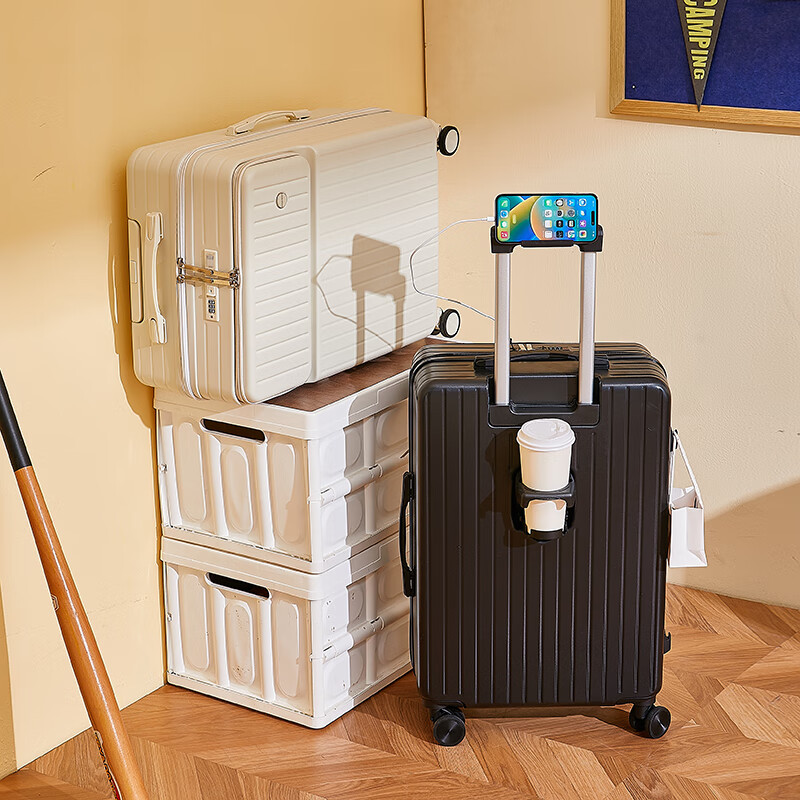 Kangaroo multifunctional front opening suitcase next day delivery small expandable trolley suitcase thickened leather suitcase front opening zipper style / obsidian black + rear cup holder 20 inches carry-on case + charging port + expandable