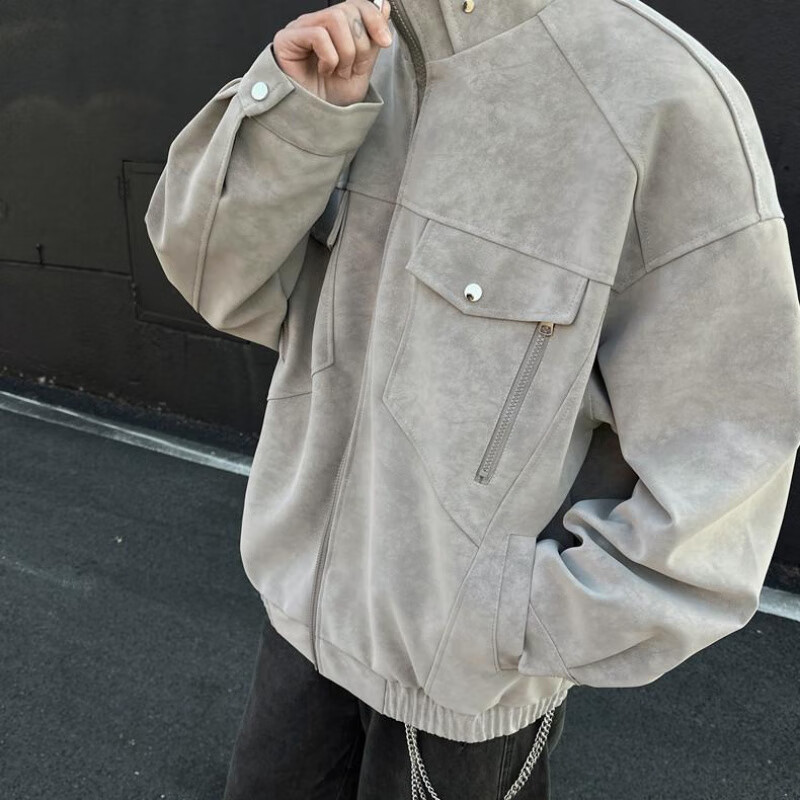 NYING matte pu leather jacket men's 25 spring and autumn new American fashion brand fashion brand retro loose stand-up collar work jacket JK306 gray XL (130-150 pounds)