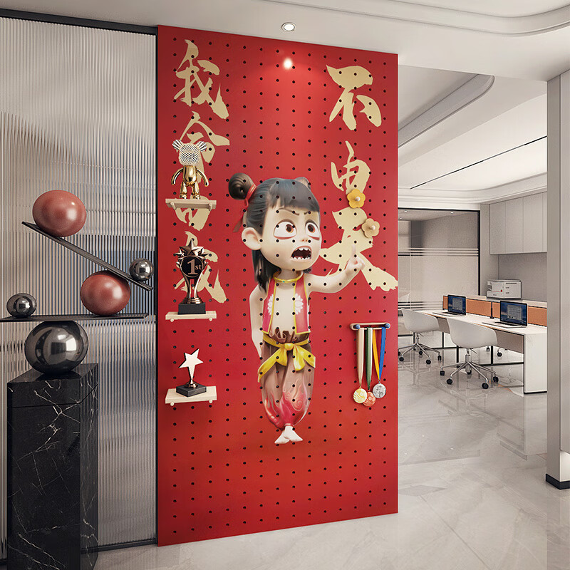 Chinese modern style entry door hole board storage rack customized to block the entrance creative solid wood color Nezha illustration into multi-grid layer board customization/square