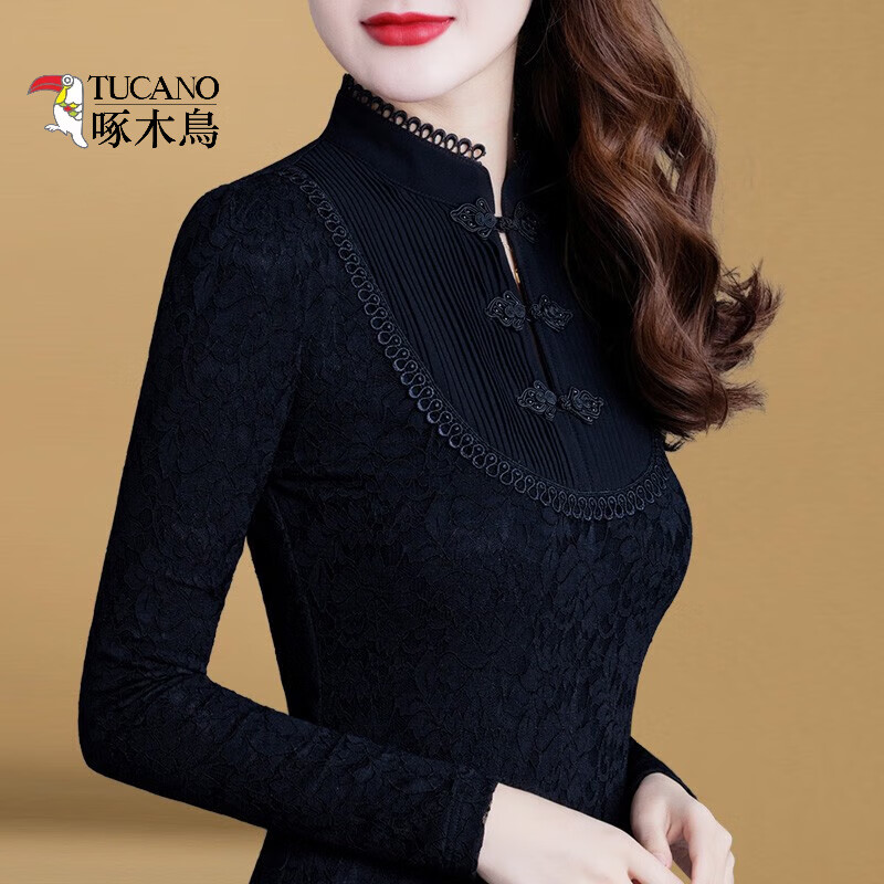 Woodpecker Lace Bottoming Shirt Women's Spring Autumn and Winter Style 2025 New Long Sleeve Shirt Fashionable Velvet Thickened Warm Women's Clothing Black Regular XL
