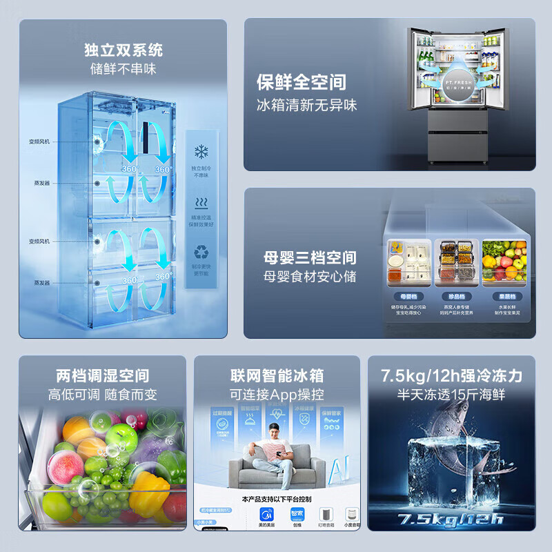 Midea 532 French multi-door four-door refrigerator with variable frequency, first-level energy efficiency, household air-cooling, frost-free, variable frequency, dual system, dual cycle, maternal and infant household 506L, government subsidy, dual system, dual cycle, 532 all-purpose machine emperor - Cangwan Gray