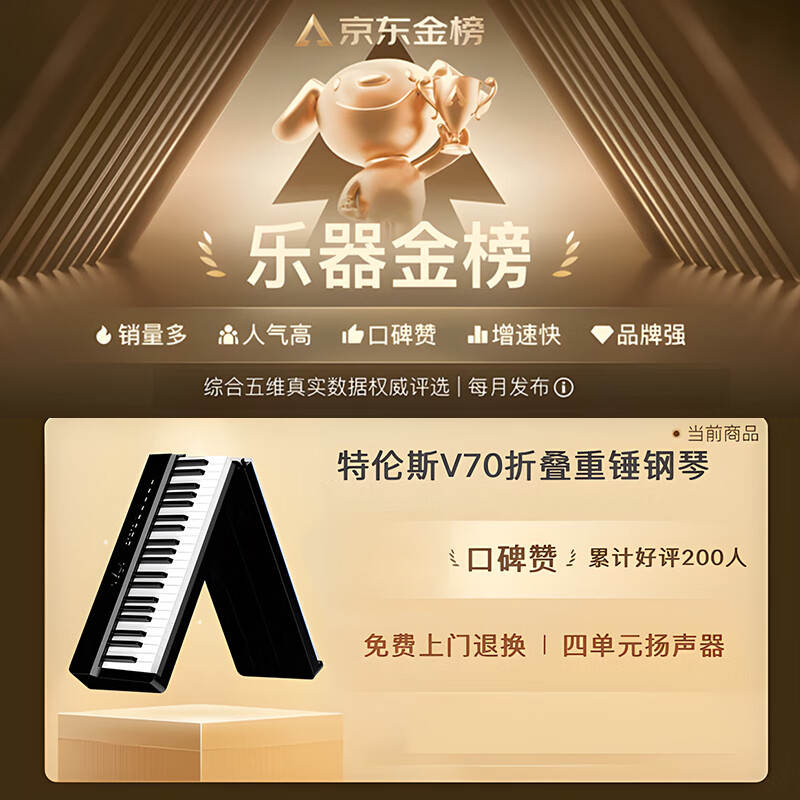 Terrence V70 Folding Hammer Electric Piano 88 Keys Electronic Piano for Adults and Children Entry Exam Performance Portable Electric Piano Dark Night Black + Gift Pack