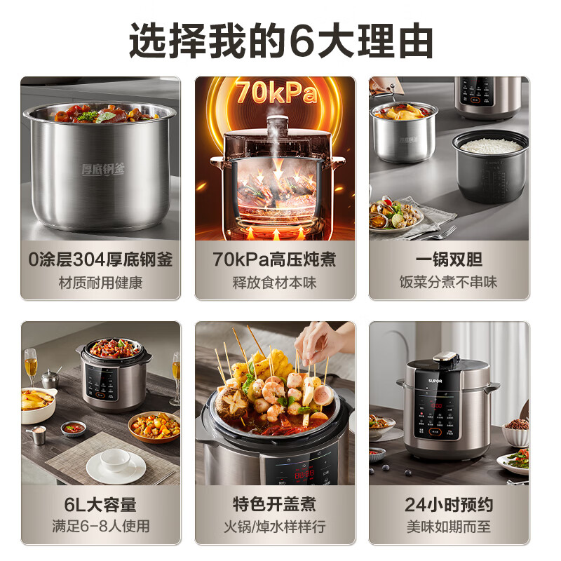SUPOR 0 coating healthy cooking 6L large capacity fully automatic household electric pressure cooker pressure cooker rice cooker SY-60YC6003 suitable for 6-8 people