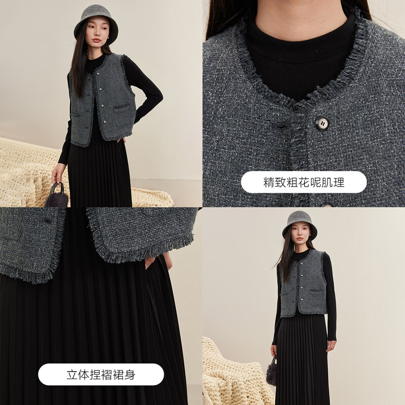 Fragment (dribs&drabs) Fragment Suit Women's 2024 Winter New Tweed Small Fragrance Jacket A-Line Knitted Skirt Paired with a Complete Set Dark Gray M