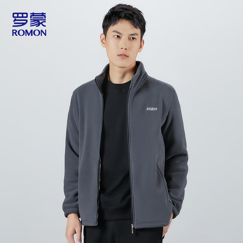 ROMON jacket men's autumn and winter casual trendy imitation sherpa stand-up collar fleece jacket soft polar fleece jacket men's gray A2XL