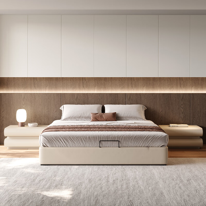 Yiluo minimalist no bedside suspended box bed Italian modern simple small apartment storage suspended bed internet celebrity leather bed beech frame bed air pressure with three pumps 1800mm*2000mm