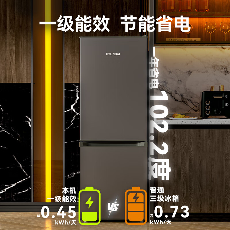 HYUNDAI (Korean Hyundai) Large Capacity Double Door Two Door Refrigerator Home Medium Small Refrigerator Freezer Refrigerator Rental Dormitory Energy Saving 223L Gray First Class Energy Efficiency + Store Main Recommendation