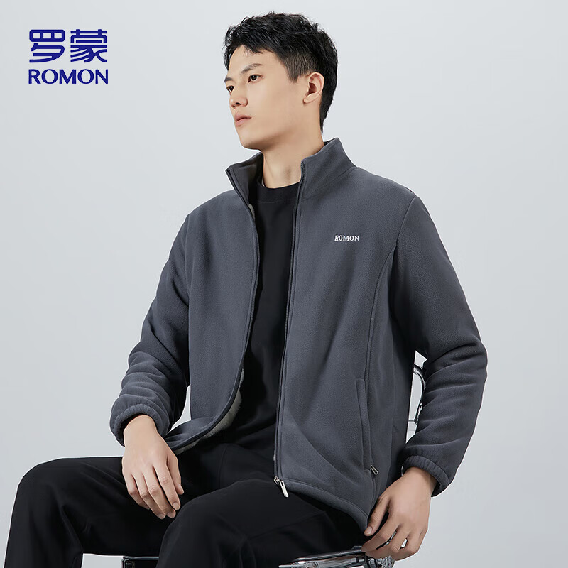 ROMON jacket men's autumn and winter casual trendy imitation sherpa stand-up collar fleece jacket soft polar fleece jacket men's gray A2XL