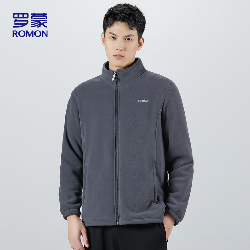ROMON jacket men's autumn and winter casual trendy imitation sherpa stand-up collar fleece jacket soft polar fleece jacket men's gray A2XL