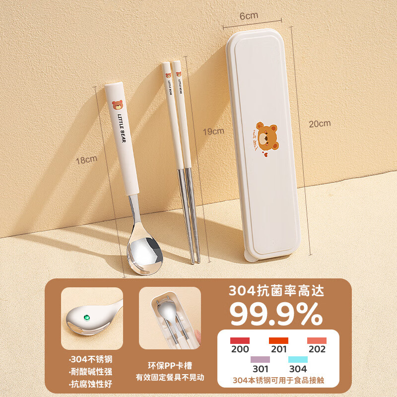 Jekero 304 tableware portable set chopsticks spoon storage box set office workers students Bear portable three-piece set