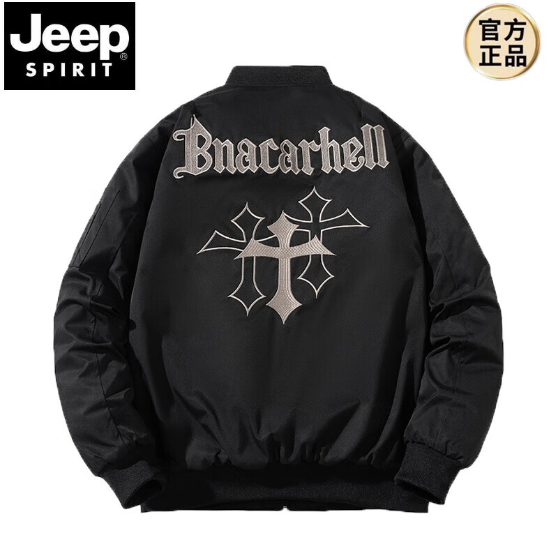 JEEP SPIRIT Spring, Autumn and Winter American High Street Bomber Jacket Loose Baseball Uniform for Men and Women Couple Trendy Brand Cotton Coat Thickened Jacket Black (Spring and Autumn Thin Style) Hoodless XL