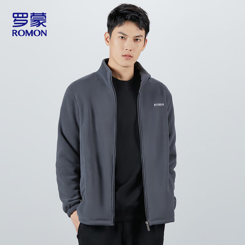 ROMON jacket men's autumn and winter casual trendy imitation sherpa stand-up collar fleece jacket soft polar fleece jacket men's gray A2XL