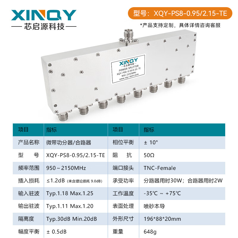 XINQY SMA/TNC RF microstrip one-to-eight power splitter 950-2150MHz GNSS/GPS signal power divider TNC female, frequency 950-2150MHz