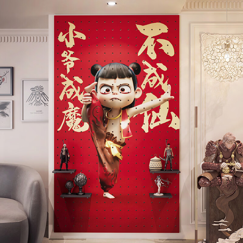 Chinese modern style entry door hole board storage rack customized to block the entrance creative solid wood color Nezha illustration into multi-grid layer board customization/square