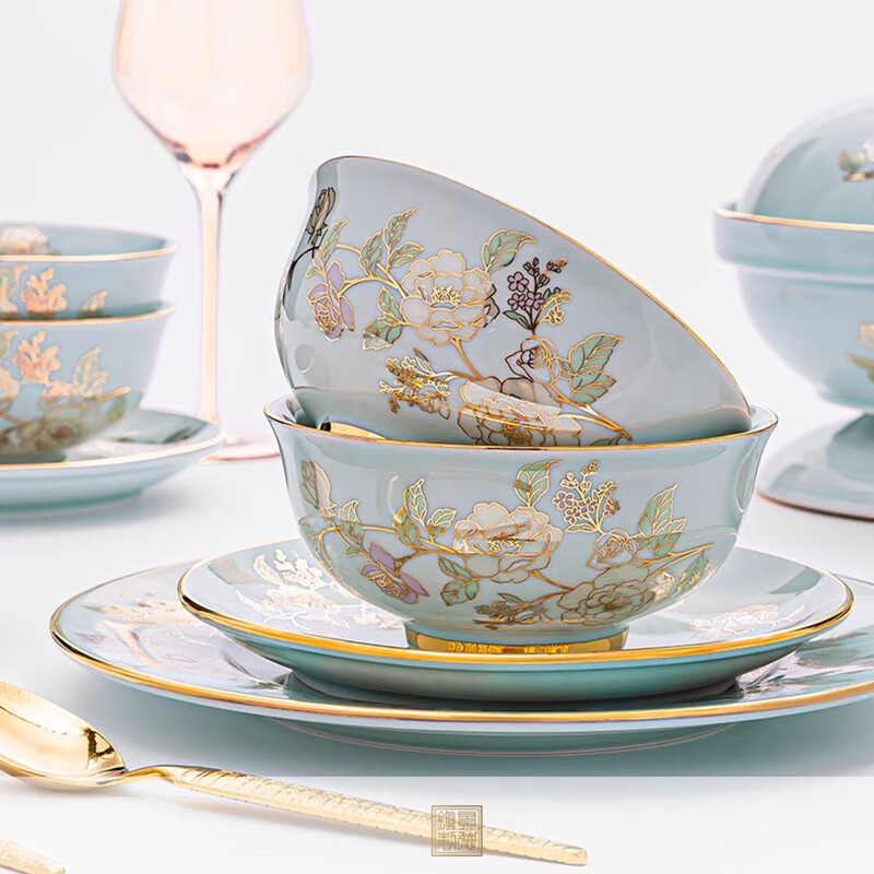 FAOUGE tableware complete set Jingdezhen light luxury high-end porcelain dishes set combination home wedding housewarming gift, gold-covered, suitable for 5-10 people, 60-piece set