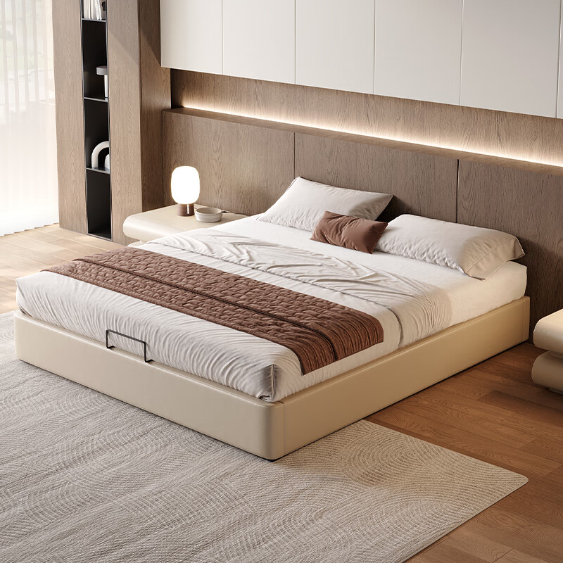 Yiluo minimalist no bedside suspended box bed Italian modern simple small apartment storage suspended bed internet celebrity leather bed beech frame bed air pressure with three pumps 1800mm*2000mm