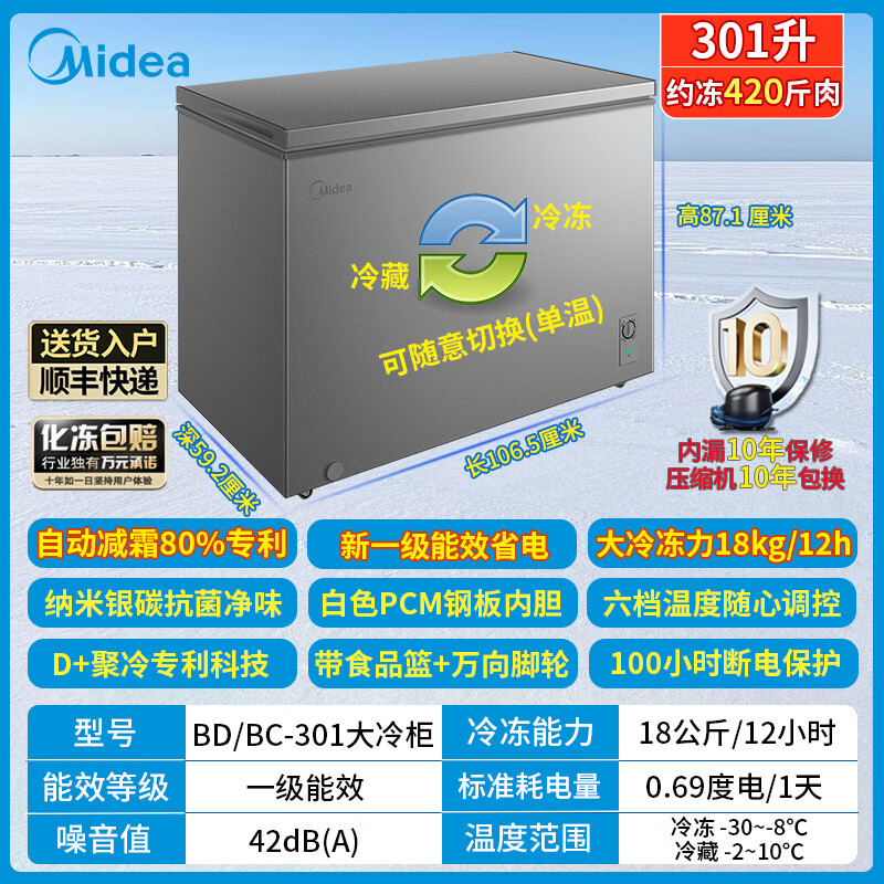 Midea Freezer Commercial Home 301 - 40 Degrees Large Capacity Freezer Electronic Temperature Control Level 1 Energy Efficiency Energy Saving Refrigerator Freezer Ultra Low Temperature Commercial Freezer Gradual Frost -30 Level 1 Energy Efficiency Steel Plate Liner Titanium Steel Gray 301 Liters