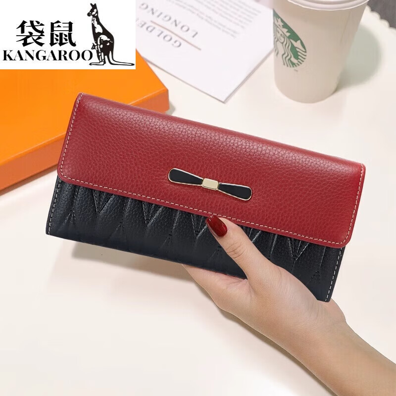 Kangaroo Internet Celebrity New Genuine Leather Long Wallet Feminine Large Capacity Mobile Phone Wallet Fashion Bow Leather Clutch Handbag Valentine's Day Birthday Gift Gift Box Lemon Yellow