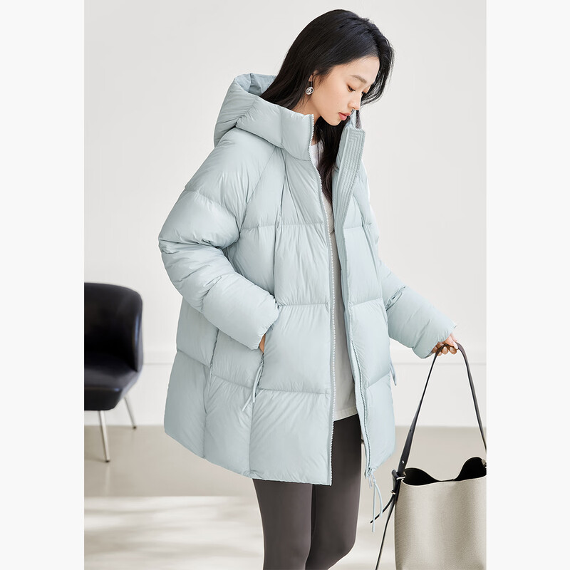Dialogue Soufflé Puff Down Jacket Women's Mid-Length 2025 Winter New High-Filled Velvet Super Nice-Looking Hooded Jacket Eggshell Blue S