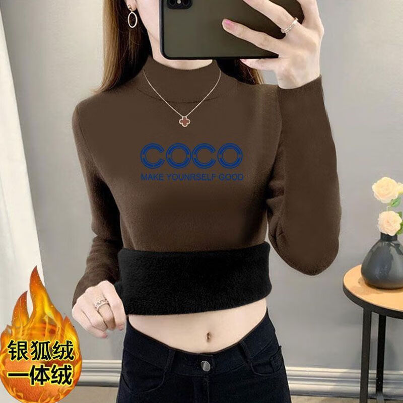 Xuyiren thickened silver fox velvet half turtleneck bottoming shirt for women 2025 winter new style women's slim inner warm top brown brown SH model XL recommended 115-130 catties
