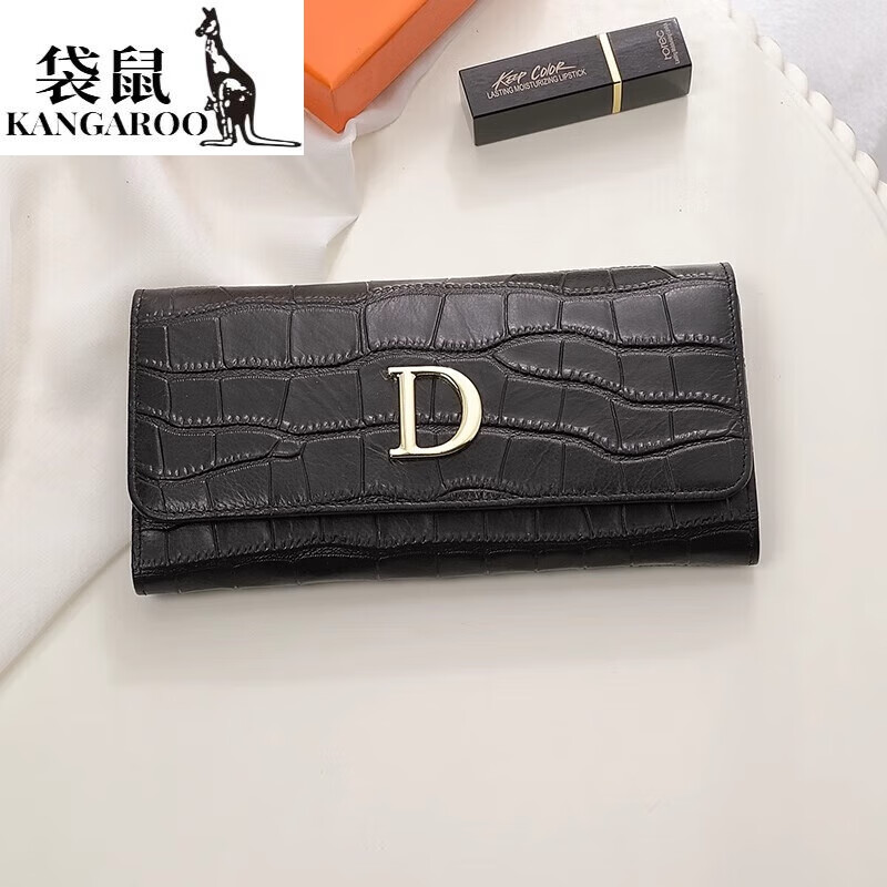 Kangaroo 2025 New Genuine Leather Crocodile Pattern Wallet Women's Long Simple Mobile Phone Wallet Soft Leather Folding Large Capacity Wallet High-end Gift Box Crocodile Pattern Black