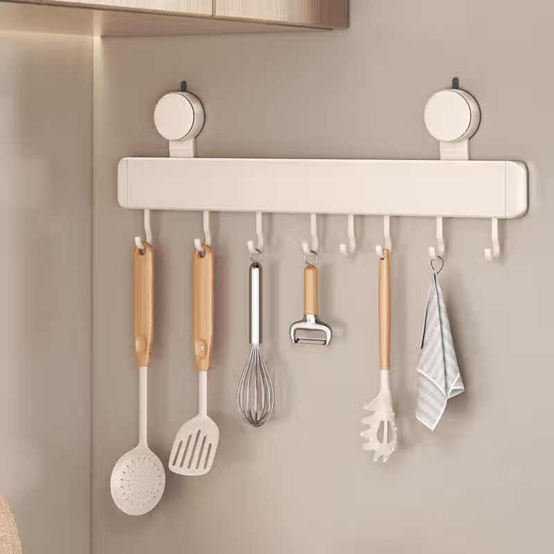 Yweel Milk White Suction Cup Kitchen Hook Rack Hanging Rod Wall-mounted Kitchen Utensil Rack Spoon Shovel Rack Multi-Function
