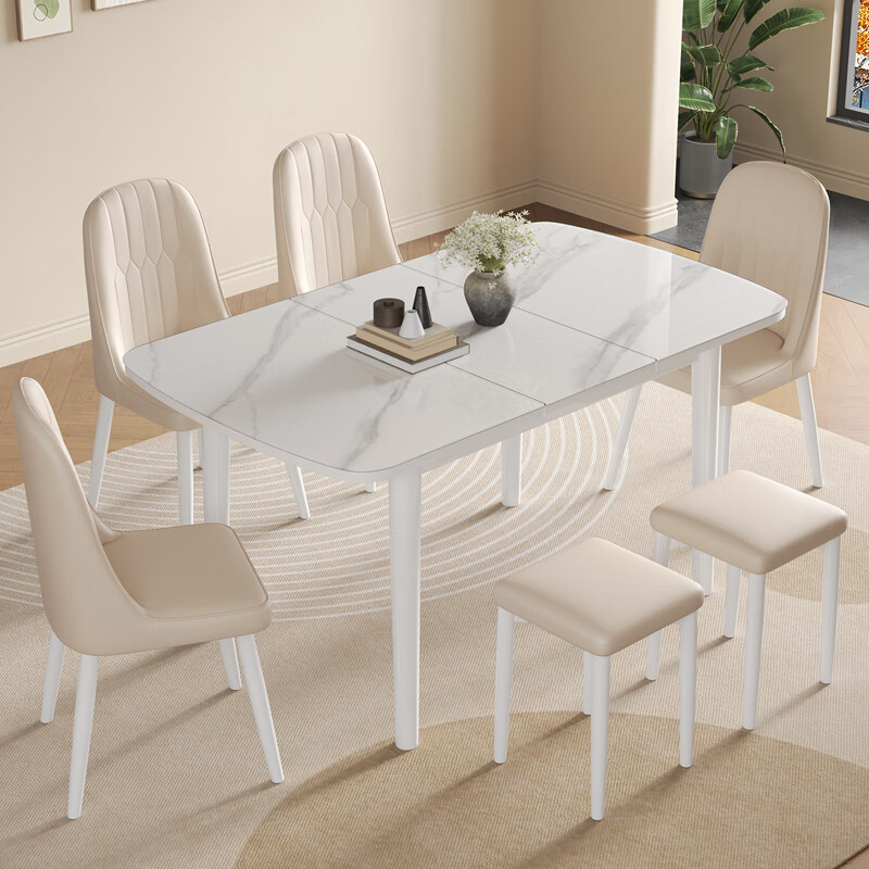 Jiajiamei cream style white glass table top simple retractable small apartment explosion-proof glass dining table and chair combination folding retractable table retractable dining table (upgraded model) rubber wood 70cm *90cm *75cm