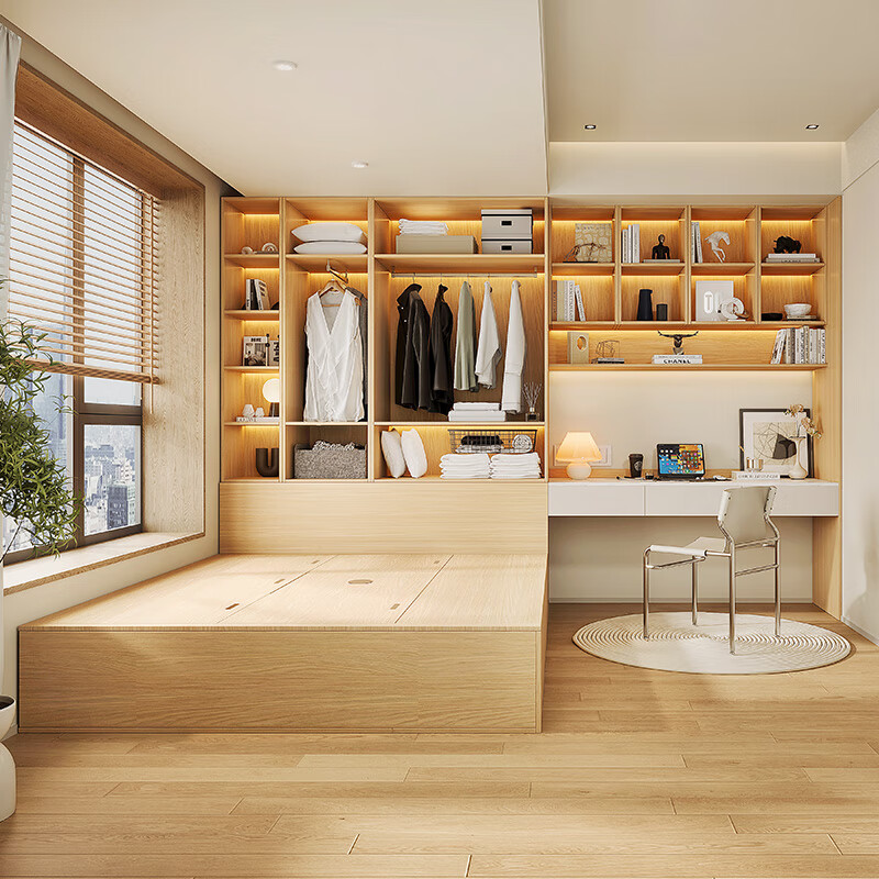Sophia tatami bed, log style bookcase, desk, wardrobe integrated with lift table, storage cabinet furniture, teenagers' second bedroom, privileged deposit (can be canceled in store)