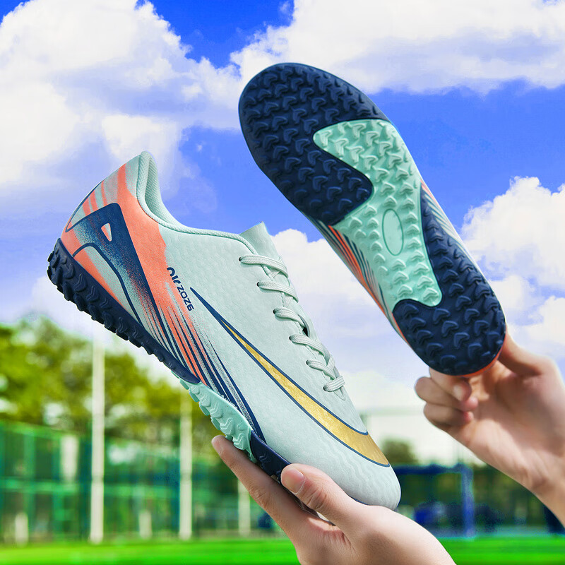 WEJIESS Football Shoes Broken Nails TF Nails Training Competition Sneakers Men's and Women's Adults Children Primary and Secondary School Students High School Entrance Examination Sports Shoes Light Moon Color Broken Nails 42 Socks + Guards + Shoe Bags