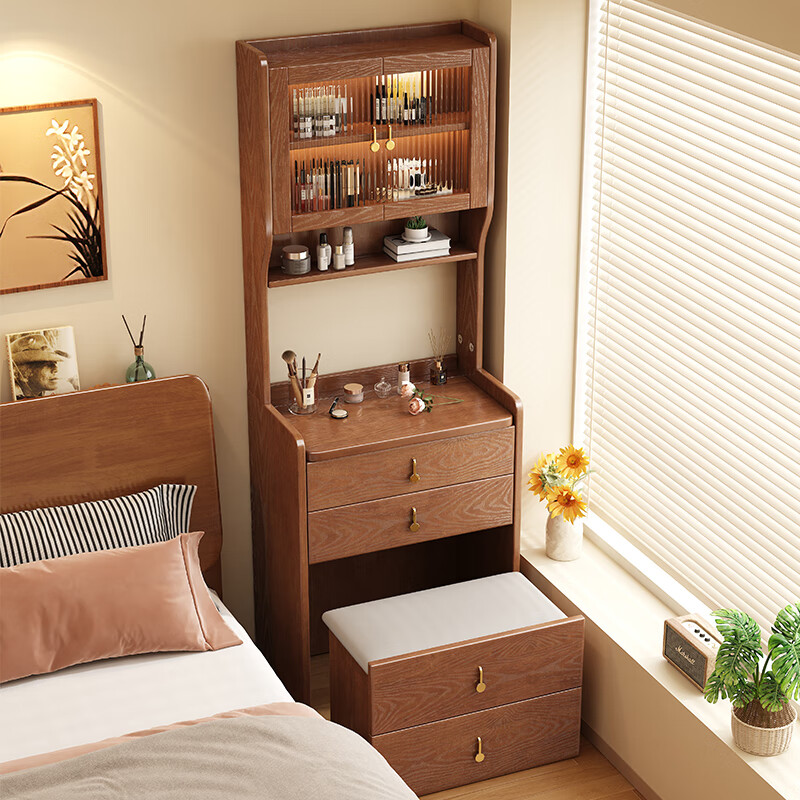 Fangjing solid wood dresser modern minimalist bedroom dressing table small apartment flip bedside storage cabinet desk bookshelf integrated walnut #solid wood flip dresser imported rubber wood no veneer 48cm*40cm*180cm