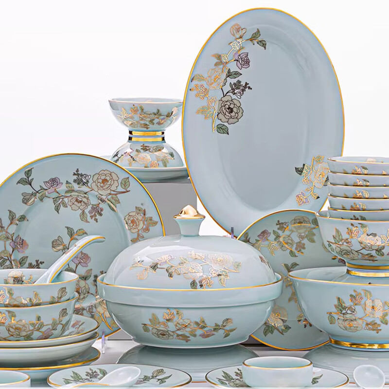 FAOUGE tableware complete set Jingdezhen light luxury high-end porcelain dishes set combination home wedding housewarming gift, gold-covered, suitable for 5-10 people, 60-piece set