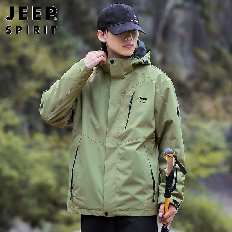 JEEP SPIRIT Jeep Jacket Men's Autumn and Winter Korean Style Workwear Three-in-One Polar Fleece Charge Jacket Men's Army Green L