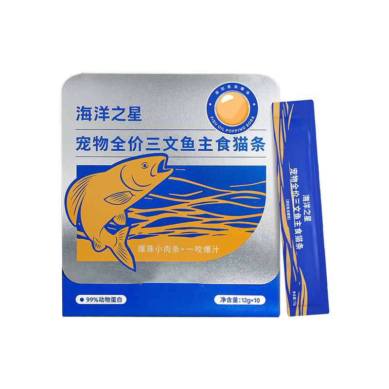 Ocean Star Staple Food Cat Strips Snacks for Adult Cats and Kittens Wet Food Salmon Fish Oil Exploded Beads Flavor 12g*10 Count