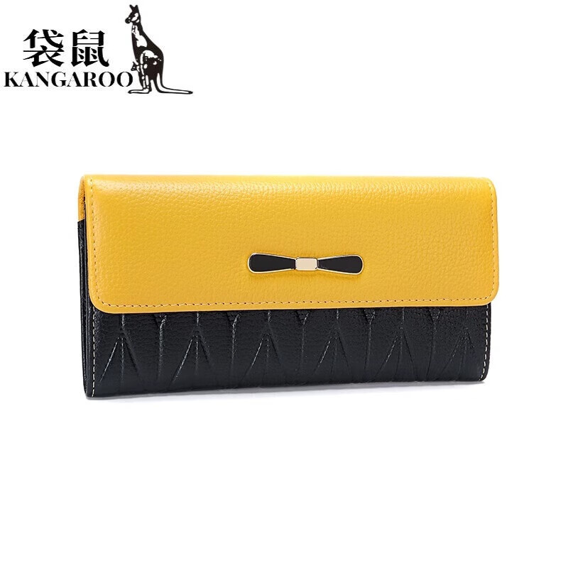 Kangaroo Internet Celebrity New Genuine Leather Long Wallet Feminine Large Capacity Mobile Phone Wallet Fashion Bow Leather Clutch Handbag Valentine's Day Birthday Gift Gift Box Lemon Yellow