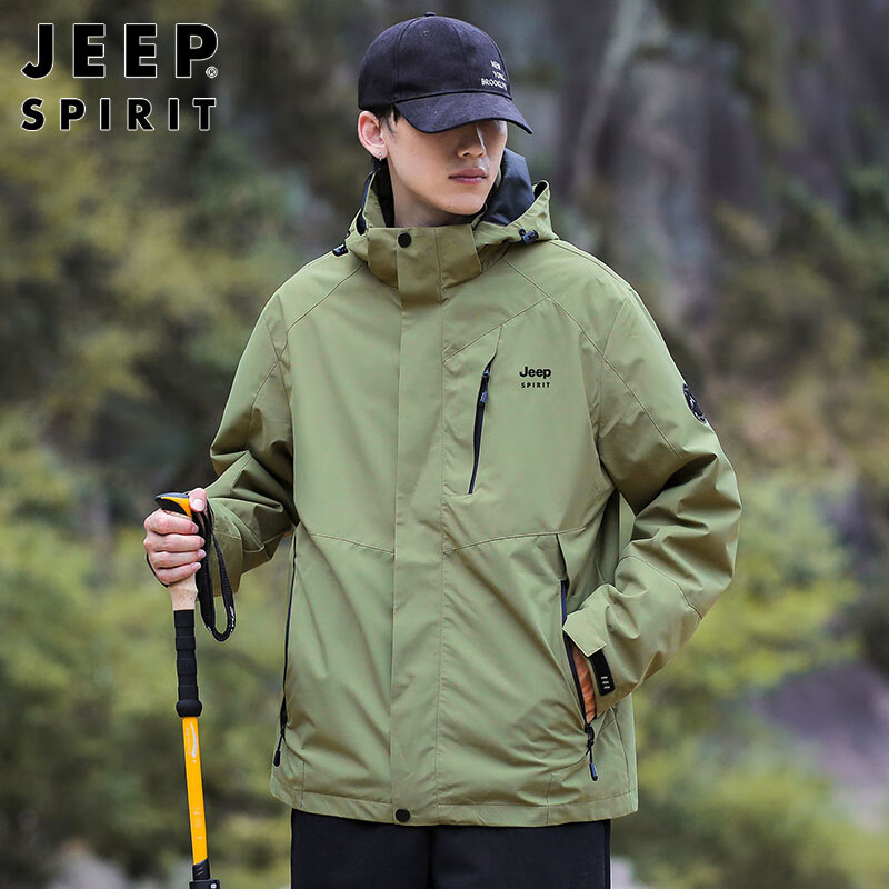 JEEP SPIRIT Jeep Jacket Men's Autumn and Winter Korean Style Workwear Three-in-One Polar Fleece Charge Jacket Men's Army Green L