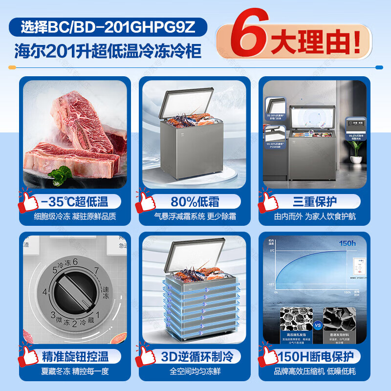Haier New Home Freezer Low Temperature Mini Freezer Freezer Refrigerator Freezer Switch Cryogenic Quick Freeze Subzero Small Freezer BC/BD-201GHPG9Z Gray 201L