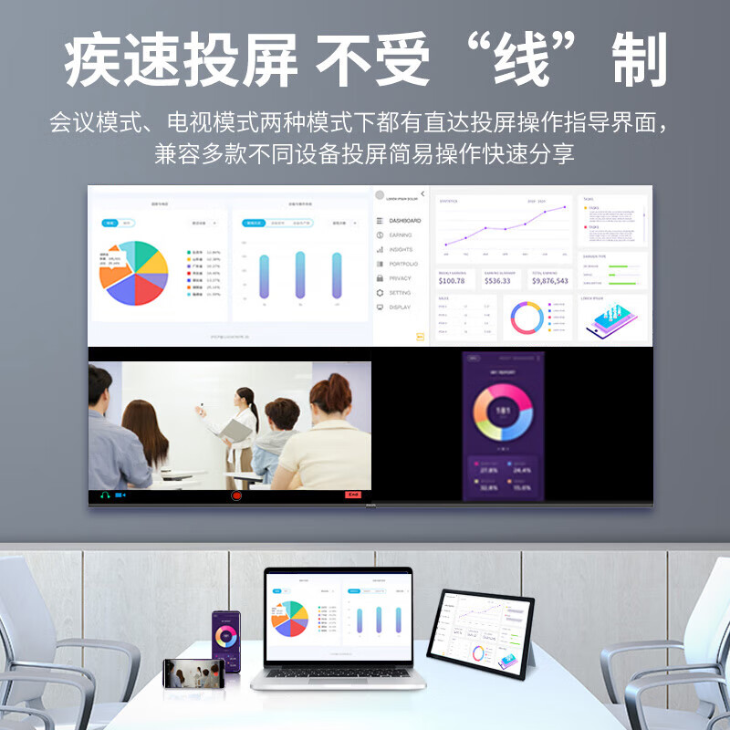 Philips smart conference TV tablet all-in-one non-touch 4K high-definition commercial display smart screen conference room mobile teaching office projection large screen 2250QC series conference large screen 98 inches (upgrade 4+32G) + mobile stand