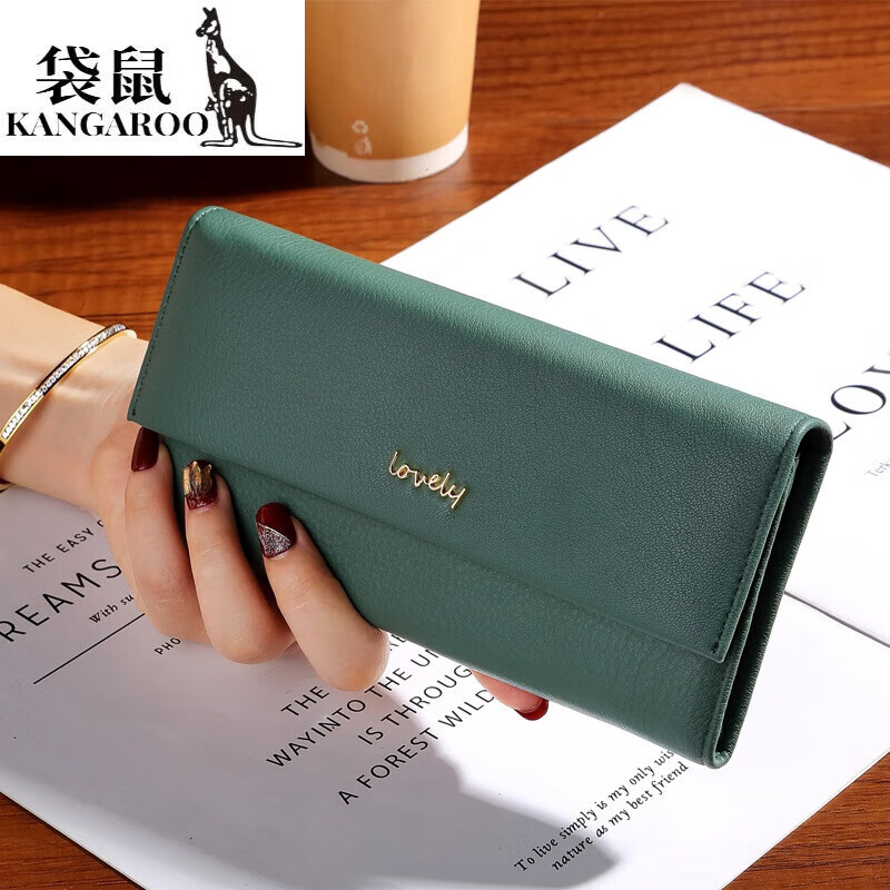 Kangaroo high-looking ultra-thin genuine leather long wallet with multiple card slots and large banknote holder, fashionable and simple soft cowhide wallet to hold mobile phone, green-first layer cowhide, gift box packaging