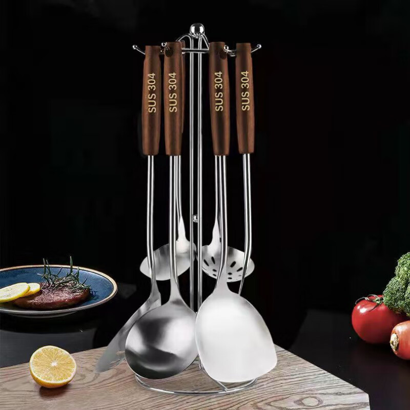 WCZ German spatula set kitchen cooking spatula spoon full set household 304 stainless steel spoon seven-piece kitchenware set 6-piece set + rotating hanger