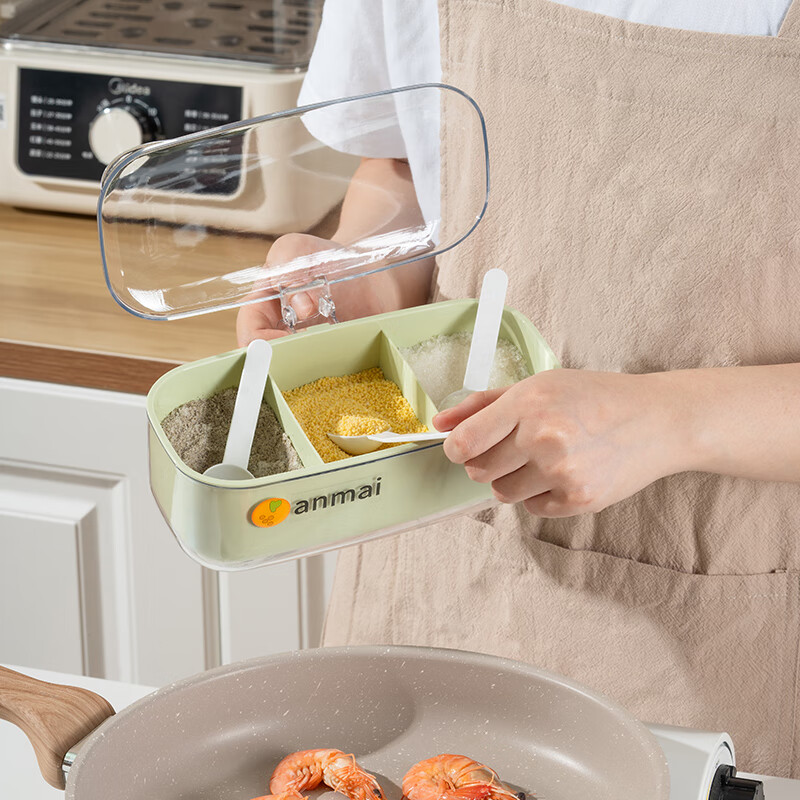 Anbuy three-compartment seasoning jar set comes with 3 spoons Home kitchen seasoning box seasoning MSG salt jar S1225 green