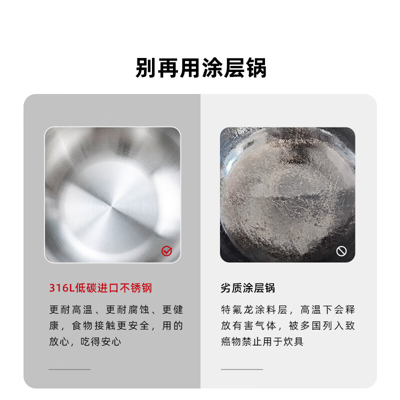 Ledes (ROYDX) Ledes 316L stainless steel wok, thickened and less oily smoke, household wok, uncoated, multifunctional, gas induction, 24cm double-ear soup pot, single piece