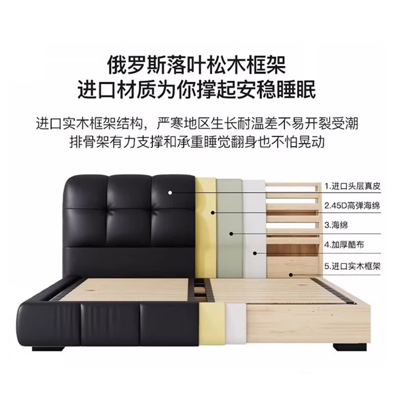 Piaget Stan light luxury leather art bed double bed modern simple atmosphere storage luxury wedding bed home bedroom furniture bed + bedside table * 2 + 3 star spine protection coconut palm mattress first layer cowhide frame structure 2.0m * 2.0m