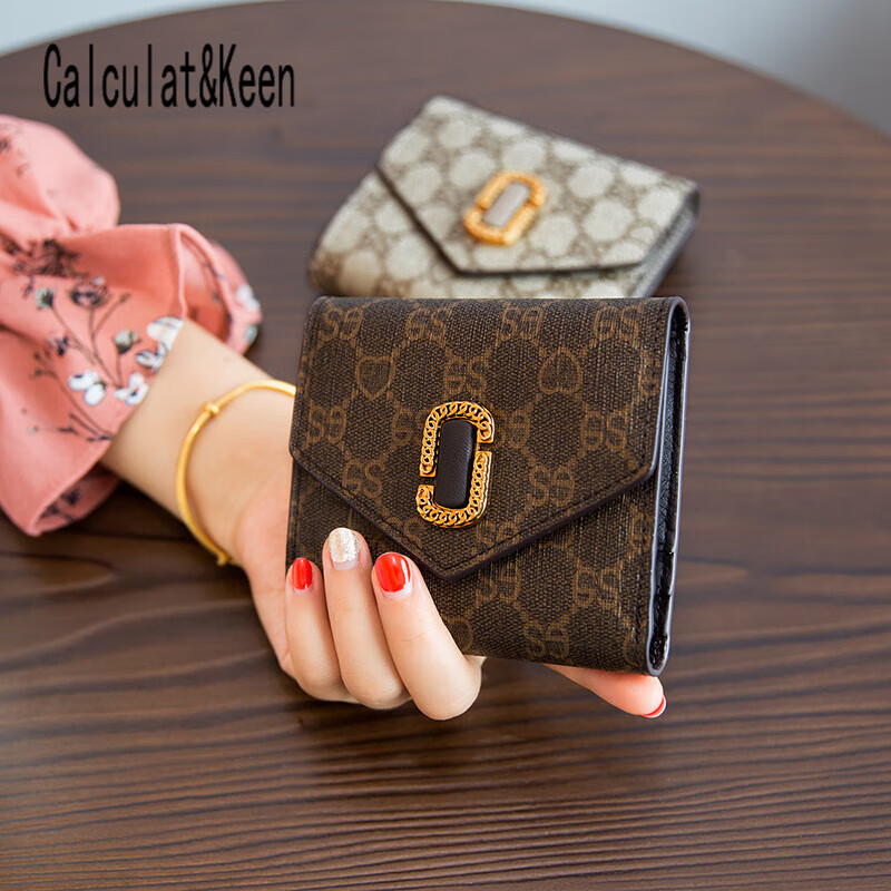 CALCULAT&KEENCK Small Wallet Women's Short Genuine Leather Mini 2025 New Versatile Printed Folding Cowhide Wallet Card Bag Brown Goddess' Day Gift Ghostwritten Greeting Card