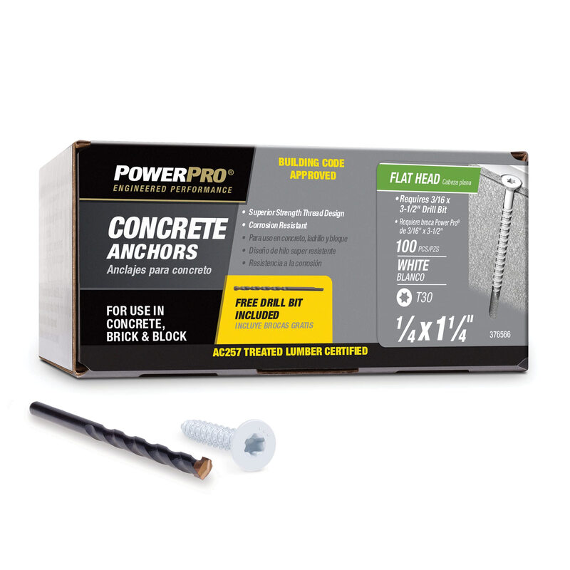 Power ProPro White Flat Head Concrete Screw Anchors (1/4 x 11/4) 100 pieces