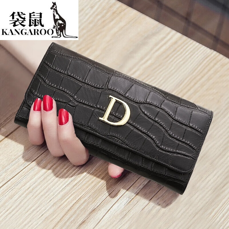 Kangaroo 2025 New Genuine Leather Crocodile Pattern Wallet Women's Long Simple Mobile Phone Wallet Soft Leather Folding Large Capacity Wallet High-end Gift Box Crocodile Pattern Black