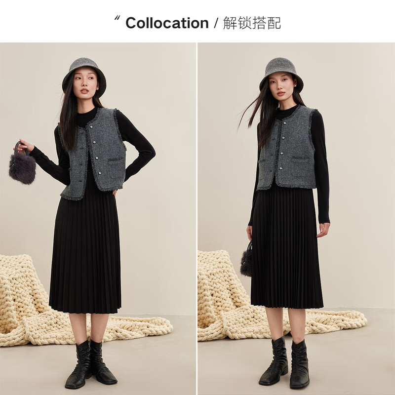 Fragment (dribs&drabs) Fragment Suit Women's 2024 Winter New Tweed Small Fragrance Jacket A-Line Knitted Skirt Paired with a Complete Set Dark Gray M