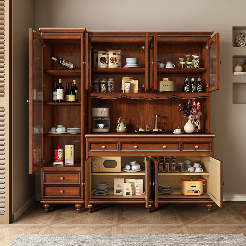 Yachen Home American solid wood sideboard integrated wall cabinet wine cabinet storage cabinet wall entrance cabinet upper and lower storage tea cabinet four-door sideboard retro walnut color